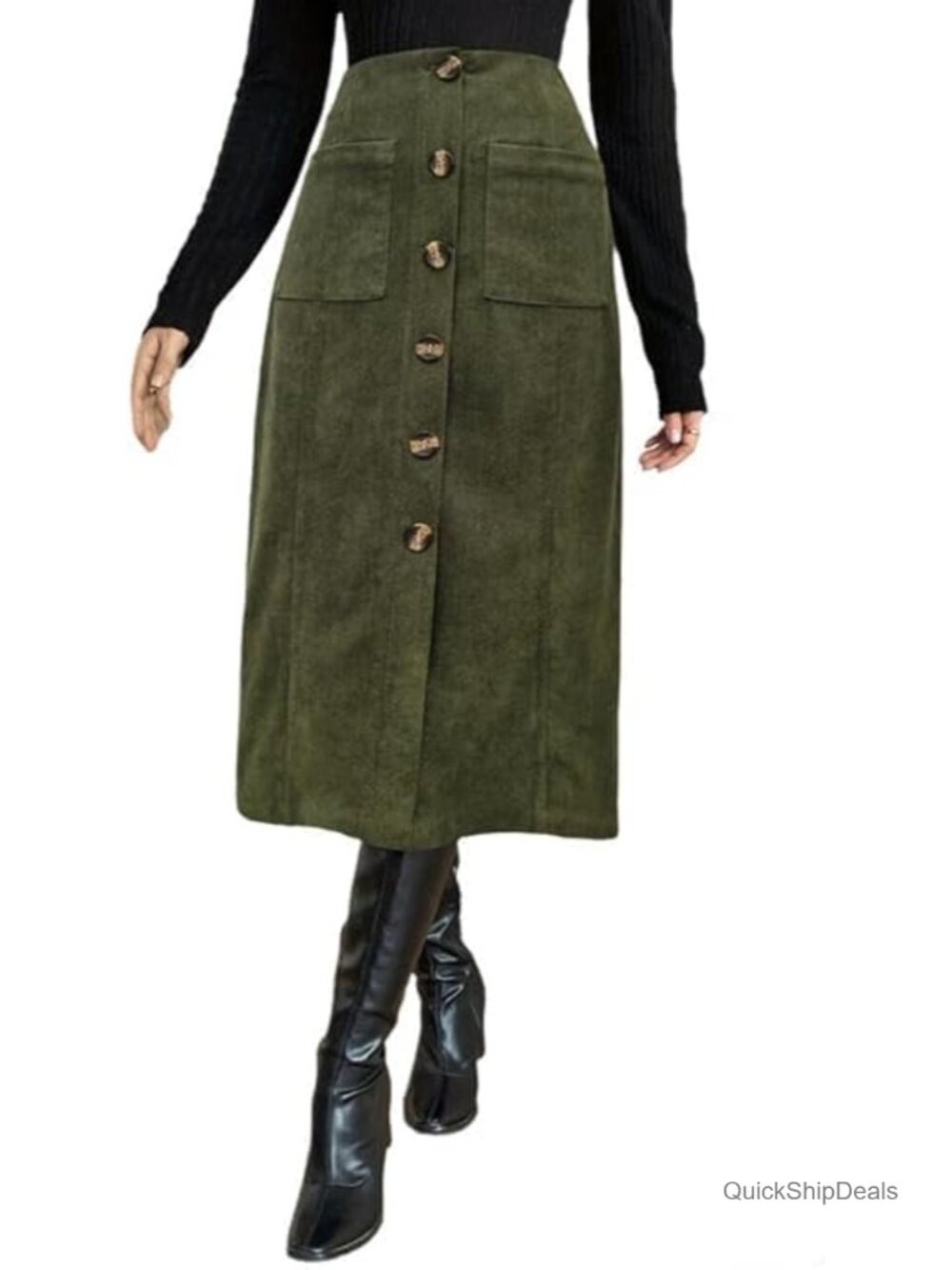 Women Corduroy Midi Skirt High Waisted A-Line Casual with Pockets